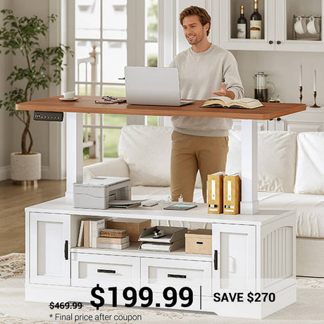 SEDETA | 47.2 Inch Farmhouse Lift Top Coffee Table Electric Standing Coffee Desk Height Adjustable with Power Outlet Storage Drawers Shelves