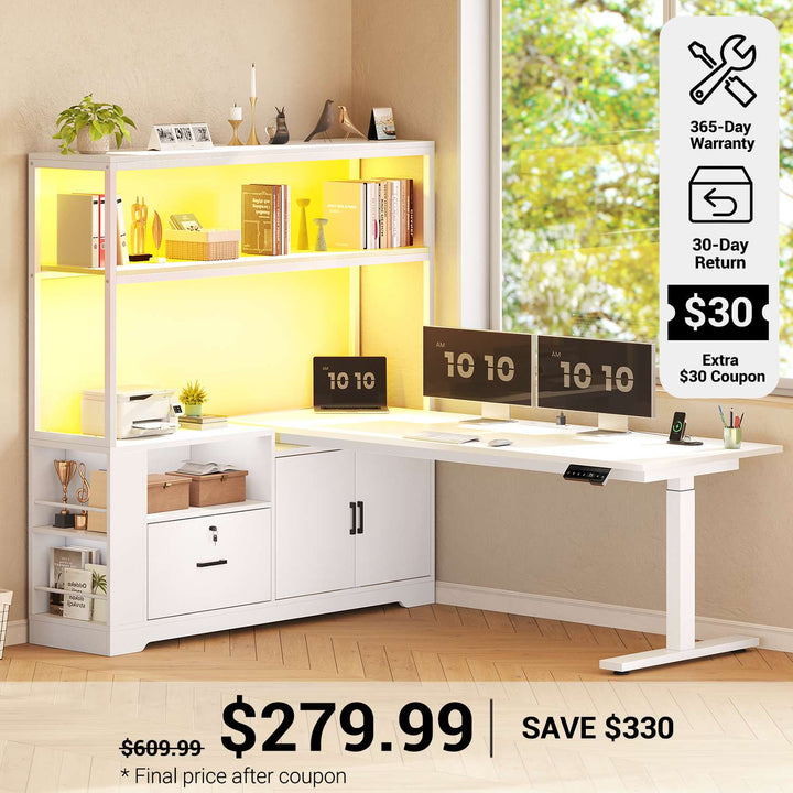 SEDETA® 56.7 Inch L Shaped Height Adjustable Electric Standing Desk Computer Gaming Desk with LED Lights Drawers Power Outlets