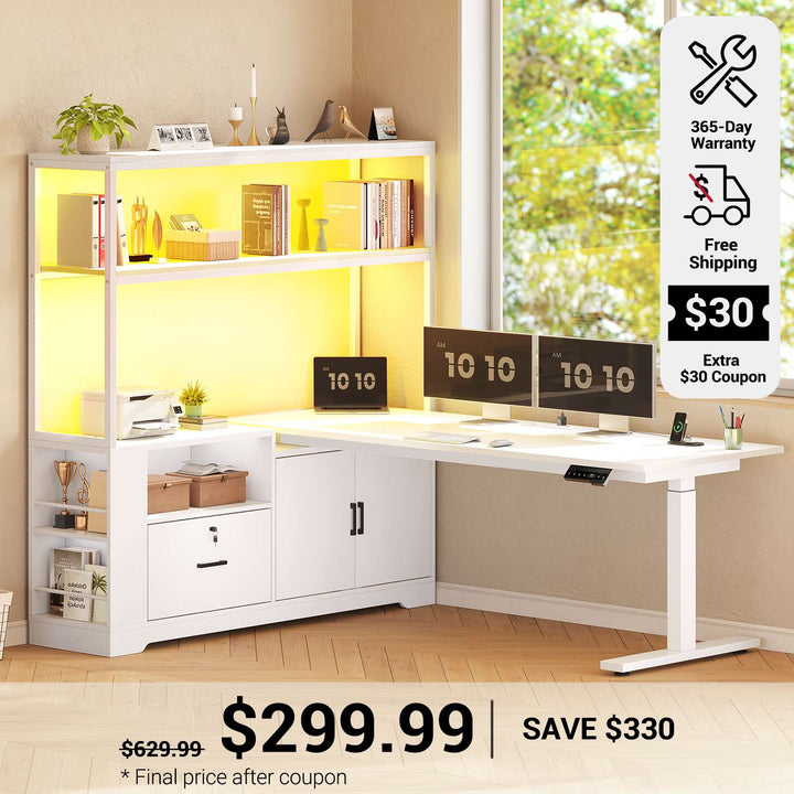 SEDETA 56.7 Inch Standing Desk Height Adjustable Electric L Shaped Stand Up Computer Gaming Desk with Drawers Hutch Power Outlets