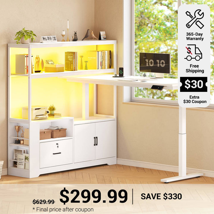 SEDETA 56.7 Inch Standing Desk Height Adjustable Electric L Shaped Stand Up Computer Gaming Desk with Drawers Hutch Power Outlets