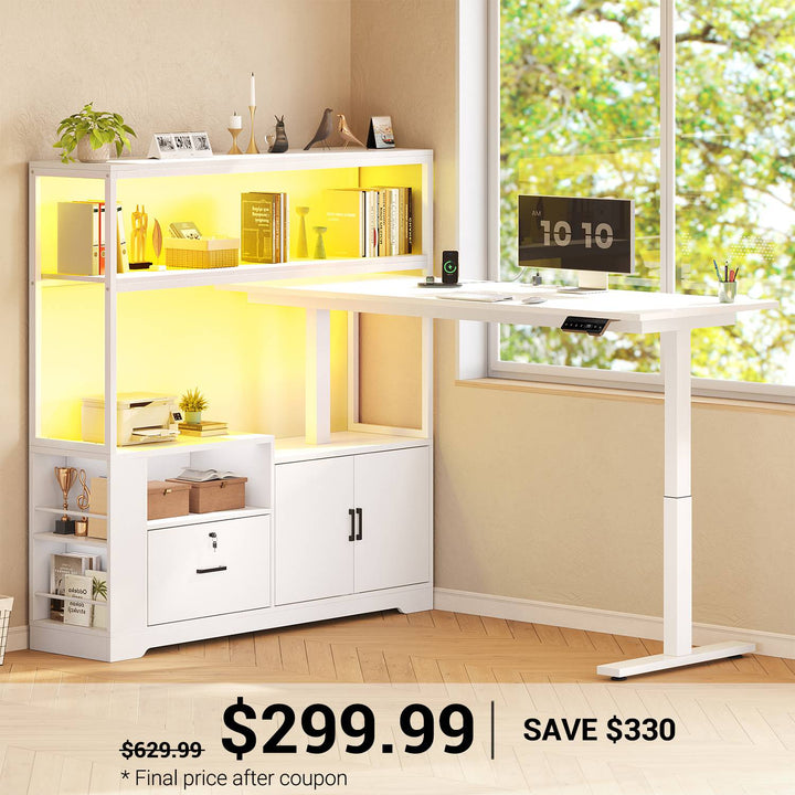 SEDETA 56.7 Inch Standing Desk Height Adjustable Electric L Shaped Stand Up Computer Gaming Desk with Drawers Hutch Power Outlets