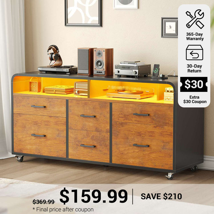 SEDETA® 47 Inch 6 Drawer File Cabinet Wood Mobile Lateral Filing Cabinet with Power Strip Printer Stand Storage Shelf Led Lights fits A4 Size