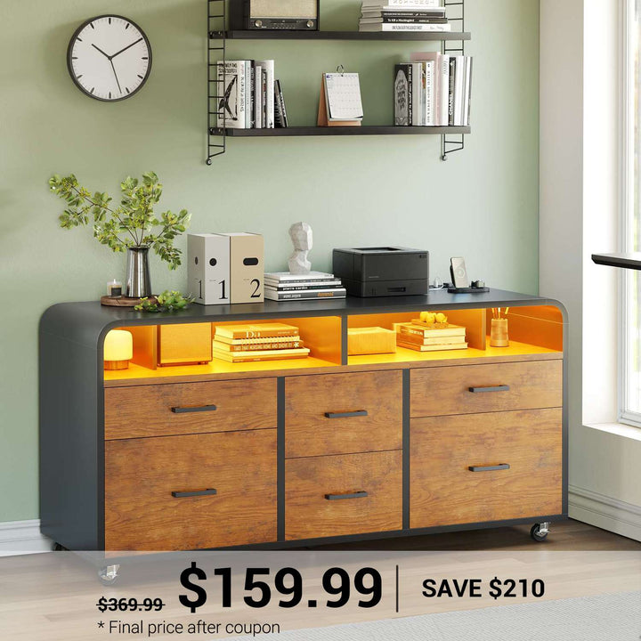 SEDETA | 47 Inch 6 Drawer File Cabinet with Power Strip Printer Stand Storage Shelf and Led Lights Wood Mobile Lateral Filing Cabinet fits Legal/Letter/A4 Size