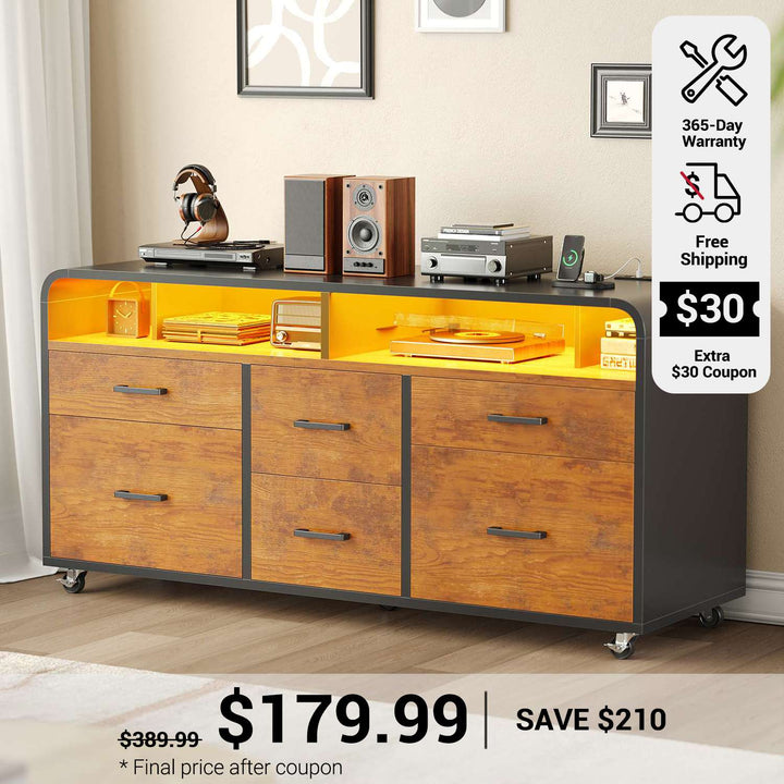 SEDETA 47 Inch 6 Drawer File Cabinet with Power Strip Wood Mobile Lateral Filing Cabinet with Printer Stand Storage Shelf Led Lights