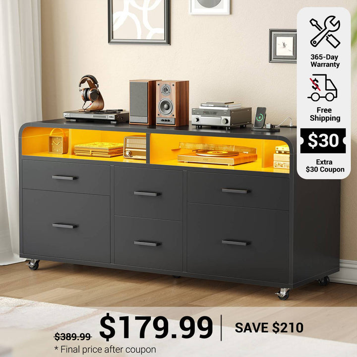 SEDETA 47 Inch 6 Drawer File Cabinet with Power Strip Wood Mobile Lateral Filing Cabinet with Printer Stand Storage Shelf Led Lights