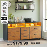 SEDETA 47 Inch 6 Drawer File Cabinet with Power Strip Wood Mobile Lateral Filing Cabinet with Printer Stand Storage Shelf Led Lights