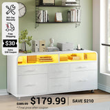 SEDETA 47 Inch 6 Drawer File Cabinet with Power Strip Wood Mobile Lateral Filing Cabinet with Printer Stand Storage Shelf Led Lights