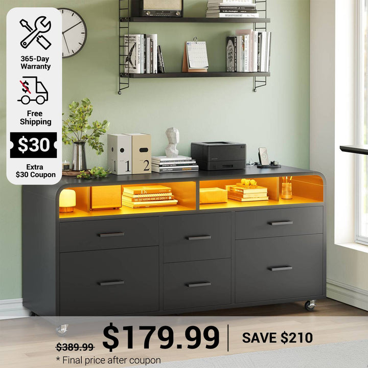 SEDETA 47 Inch 6 Drawer File Cabinet with Power Strip Wood Mobile Lateral Filing Cabinet with Printer Stand Storage Shelf Led Lights