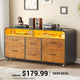 SEDETA 47 Inch 6 Drawer File Cabinet with Power Strip Wood Mobile Lateral Filing Cabinet with Printer Stand Storage Shelf Led Lights