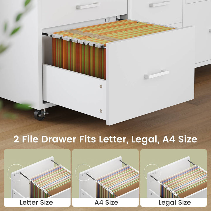 SEDETA 47 Inch 6 Drawer File Cabinet with Power Strip Wood Mobile Lateral Filing Cabinet with Printer Stand Storage Shelf Led Lights