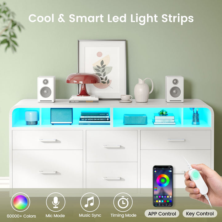 SEDETA 47 Inch 6 Drawer File Cabinet with Power Strip Wood Mobile Lateral Filing Cabinet with Printer Stand Storage Shelf Led Lights