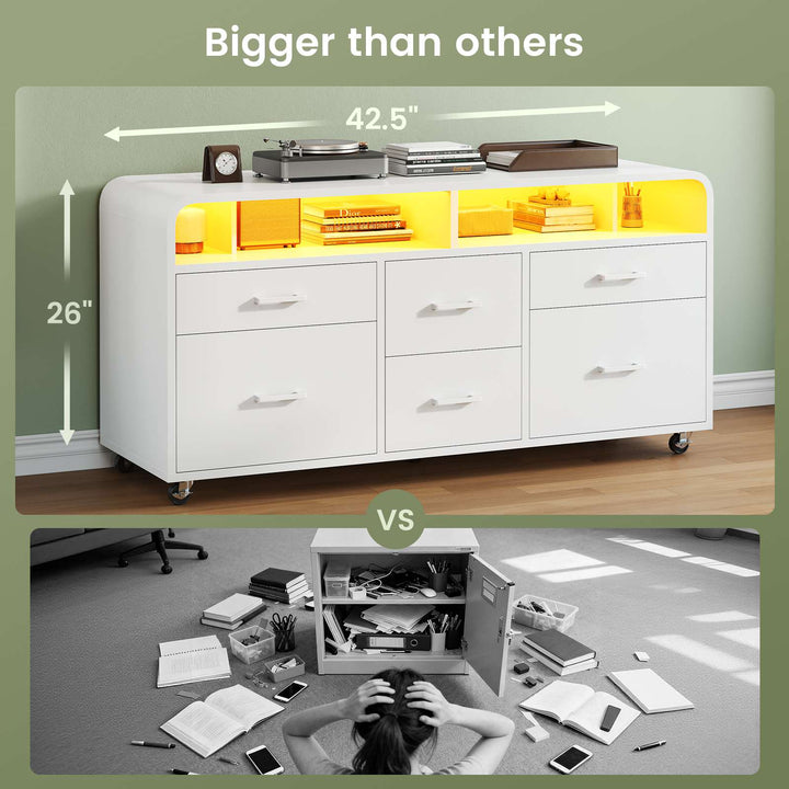 SEDETA 47 Inch 6 Drawer File Cabinet with Power Strip Wood Mobile Lateral Filing Cabinet with Printer Stand Storage Shelf Led Lights