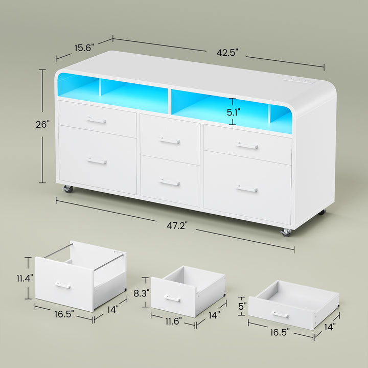 SEDETA 47 Inch 6 Drawer File Cabinet with Power Strip Wood Mobile Lateral Filing Cabinet with Printer Stand Storage Shelf Led Lights