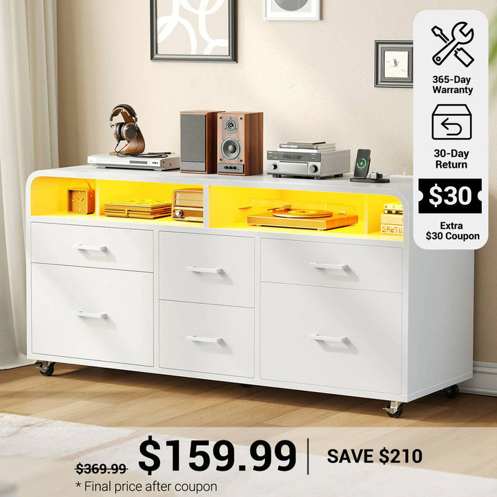 SEDETA® 47 Inch 6 Drawer File Cabinet Wood Mobile Lateral Filing Cabinet with Power Strip Printer Stand Storage Shelf Led Lights fits A4 Size