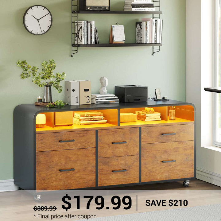 SEDETA 47 Inch 6 Drawer File Cabinet with Power Strip Wood Mobile Lateral Filing Cabinet with Printer Stand Storage Shelf Led Lights