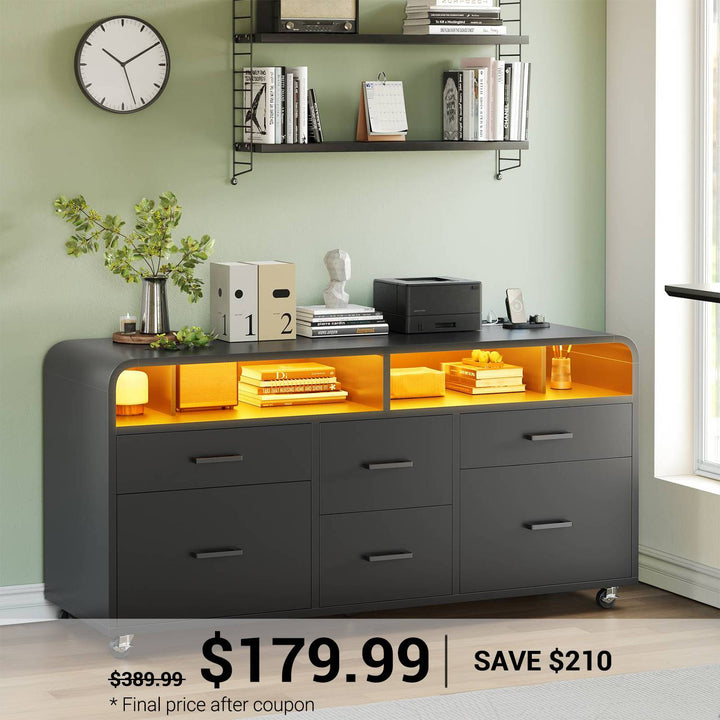 SEDETA 47 Inch 6 Drawer File Cabinet with Power Strip Wood Mobile Lateral Filing Cabinet with Printer Stand Storage Shelf Led Lights