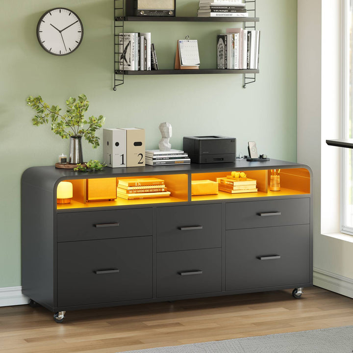 SEDETA 47 Inch 6 Drawer File Cabinet with Power Strip Wood Mobile Lateral Filing Cabinet with Printer Stand Storage Shelf Led Lights