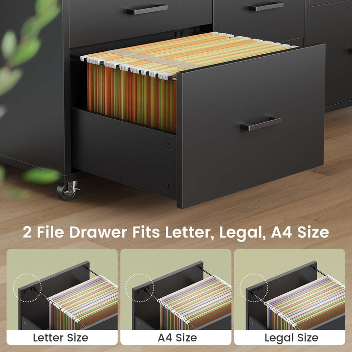 SEDETA 47 Inch 6 Drawer File Cabinet with Power Strip Wood Mobile Lateral Filing Cabinet with Printer Stand Storage Shelf Led Lights