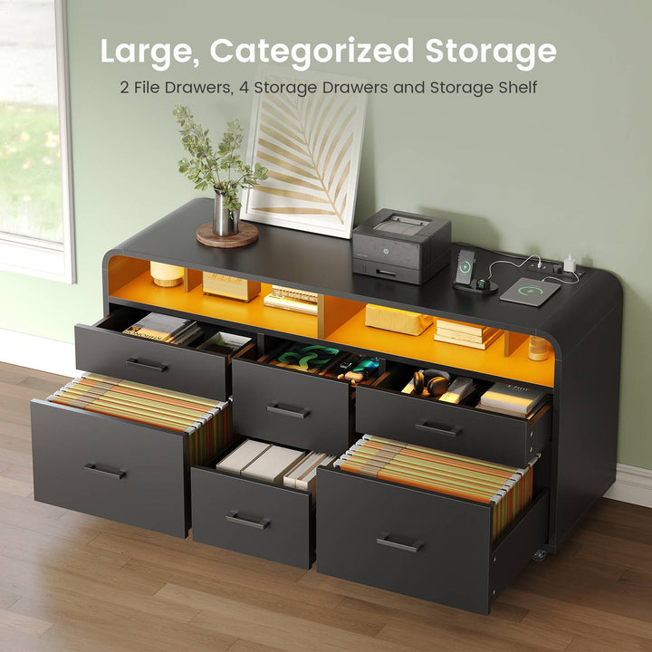SEDETA 47 Inch 6 Drawer File Cabinet with Power Strip Wood Mobile Lateral Filing Cabinet with Printer Stand Storage Shelf Led Lights
