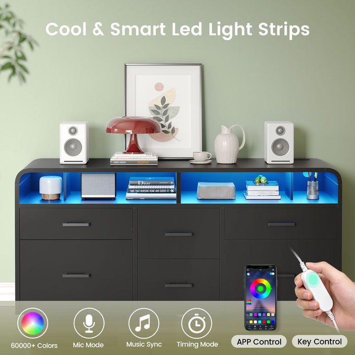 SEDETA 47 Inch 6 Drawer File Cabinet with Power Strip Wood Mobile Lateral Filing Cabinet with Printer Stand Storage Shelf Led Lights