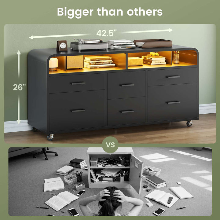 SEDETA 47 Inch 6 Drawer File Cabinet with Power Strip Wood Mobile Lateral Filing Cabinet with Printer Stand Storage Shelf Led Lights