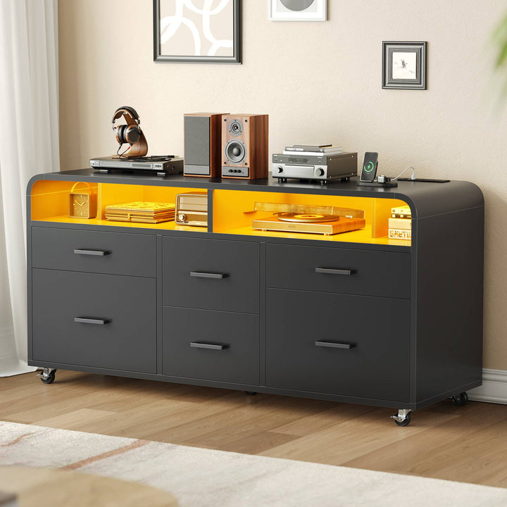 SEDETA 47 Inch 6 Drawer File Cabinet with Power Strip Wood Mobile Lateral Filing Cabinet with Printer Stand Storage Shelf Led Lights