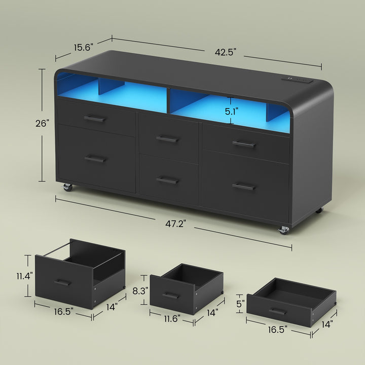 SEDETA 47 Inch 6 Drawer File Cabinet with Power Strip Wood Mobile Lateral Filing Cabinet with Printer Stand Storage Shelf Led Lights