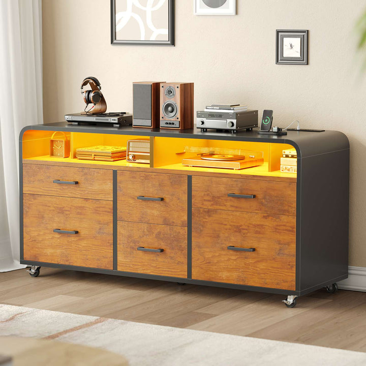 SEDETA 47 Inch 6 Drawer File Cabinet with Power Strip Wood Mobile Lateral Filing Cabinet with Printer Stand Storage Shelf Led Lights