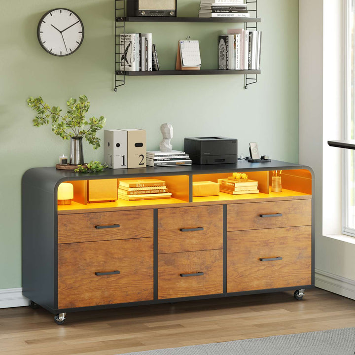 SEDETA 47 Inch 6 Drawer File Cabinet with Power Strip Wood Mobile Lateral Filing Cabinet with Printer Stand Storage Shelf Led Lights