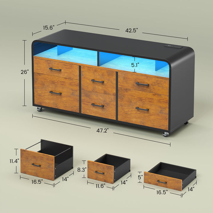 SEDETA 47 Inch 6 Drawer File Cabinet with Power Strip Wood Mobile Lateral Filing Cabinet with Printer Stand Storage Shelf Led Lights