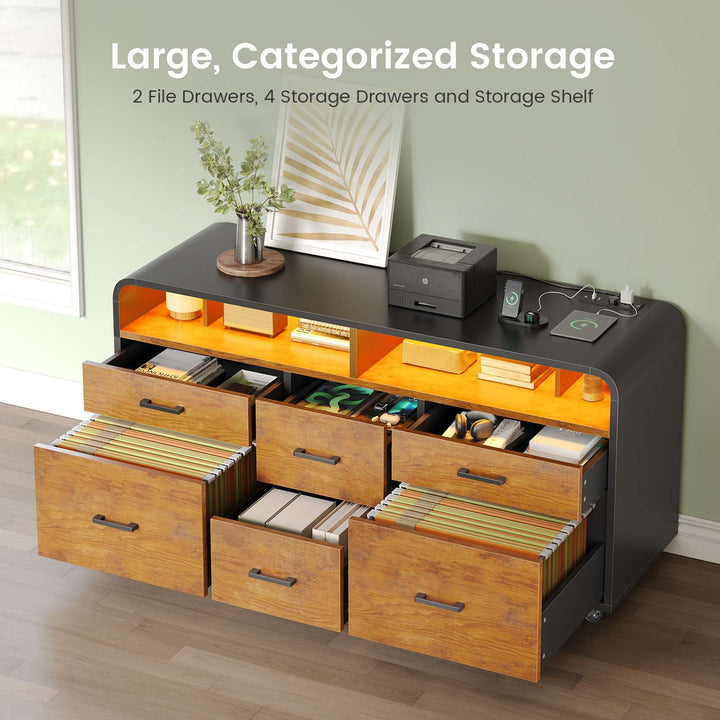 SEDETA 47 Inch 6 Drawer File Cabinet with Power Strip Wood Mobile Lateral Filing Cabinet with Printer Stand Storage Shelf Led Lights