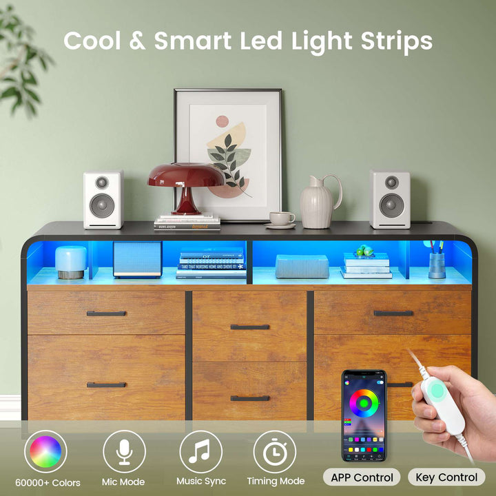 SEDETA 47 Inch 6 Drawer File Cabinet with Power Strip Wood Mobile Lateral Filing Cabinet with Printer Stand Storage Shelf Led Lights