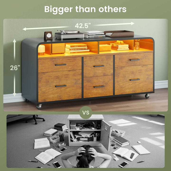 SEDETA 47 Inch 6 Drawer File Cabinet with Power Strip Wood Mobile Lateral Filing Cabinet with Printer Stand Storage Shelf Led Lights