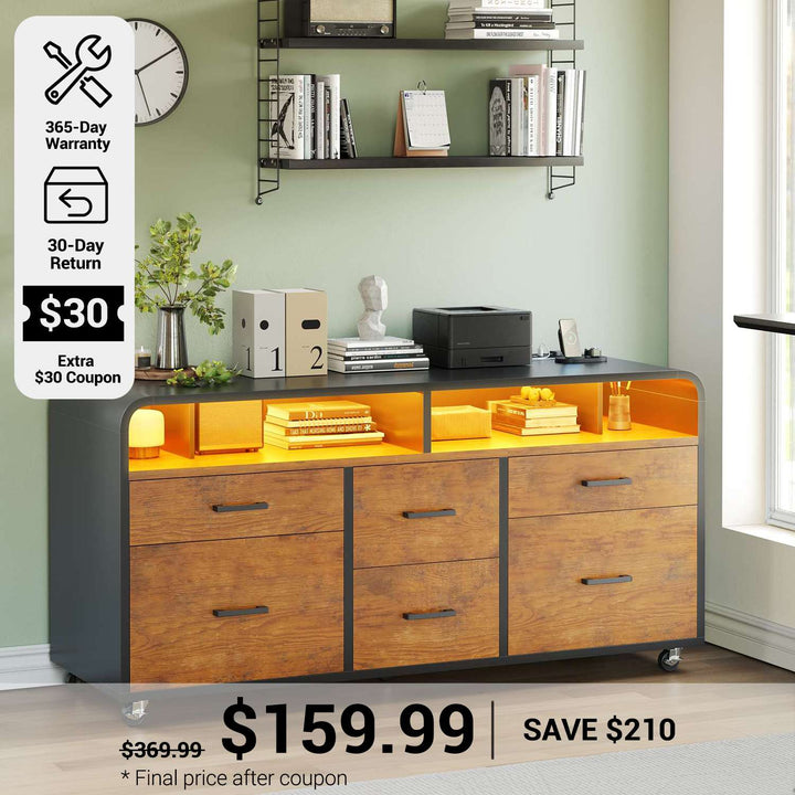 SEDETA® 47 Inch 6 Drawer File Cabinet Wood Mobile Lateral Filing Cabinet with Power Strip Printer Stand Storage Shelf Led Lights fits A4 Size