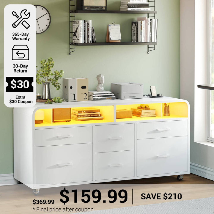 SEDETA® 47 Inch 6 Drawer File Cabinet Wood Mobile Lateral Filing Cabinet with Power Strip Printer Stand Storage Shelf Led Lights fits A4 Size