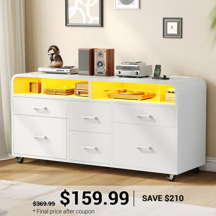 SEDETA | 47 Inch 6 Drawer File Cabinet with Power Strip Printer Stand Storage Shelf and Led Lights Wood Mobile Lateral Filing Cabinet fits Legal/Letter/A4 Size