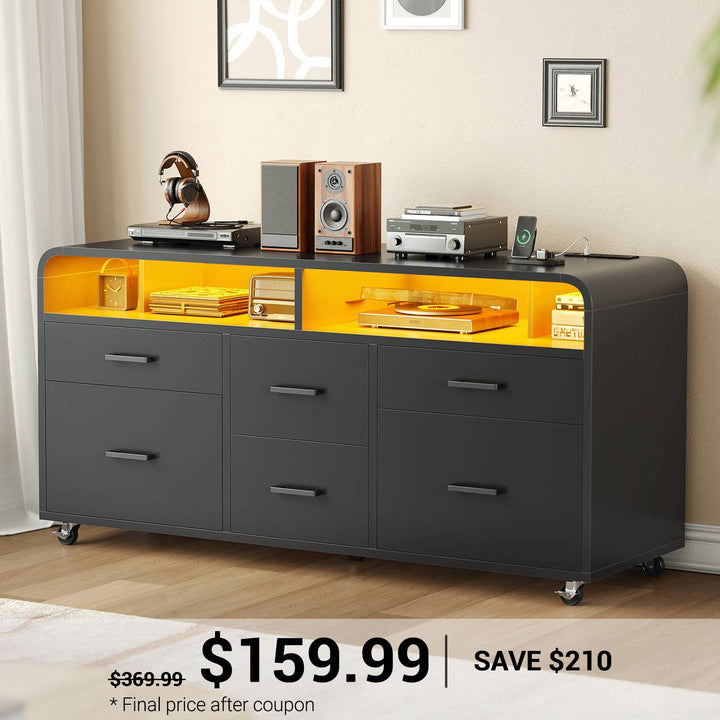 SEDETA | 47 Inch 6 Drawer File Cabinet with Power Strip Printer Stand Storage Shelf and Led Lights Wood Mobile Lateral Filing Cabinet fits Legal/Letter/A4 Size