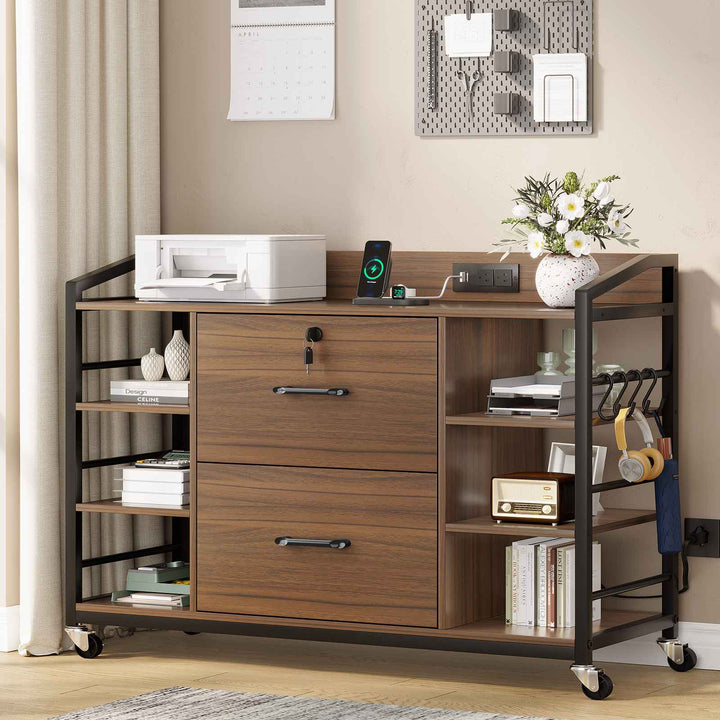 SEDETA 44 Inch 2 Drawer File Cabinet Filing Cabinet with Power Strip Lock 6 Storage Shelves