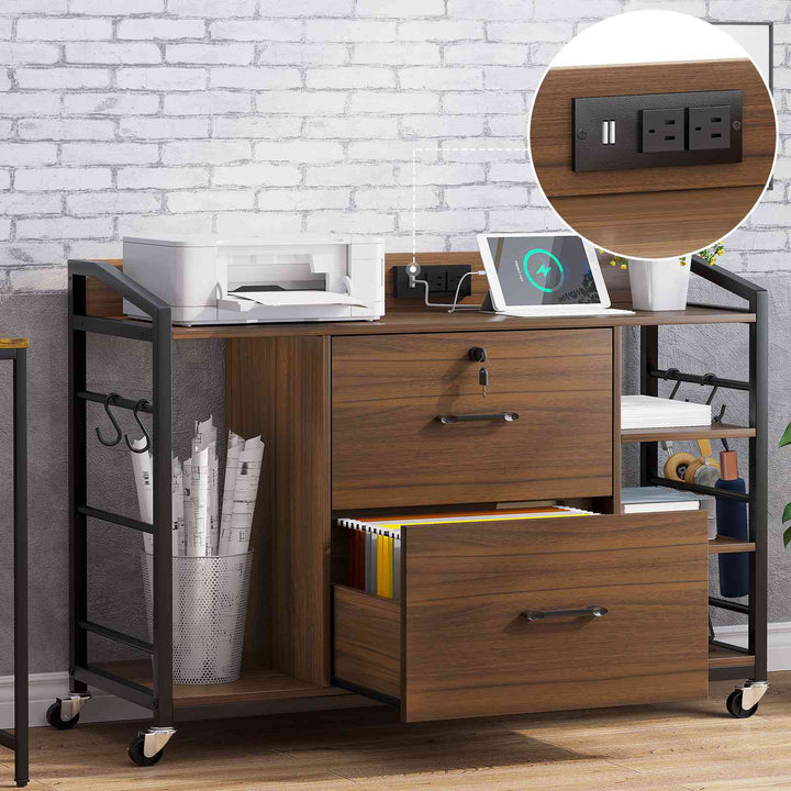 SEDETA 44 Inch 2 Drawer File Cabinet Filing Cabinet with Power Strip Lock 6 Storage Shelves