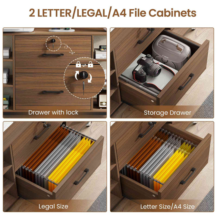 SEDETA 44 Inch 2 Drawer File Cabinet Filing Cabinet with Power Strip Lock 6 Storage Shelves