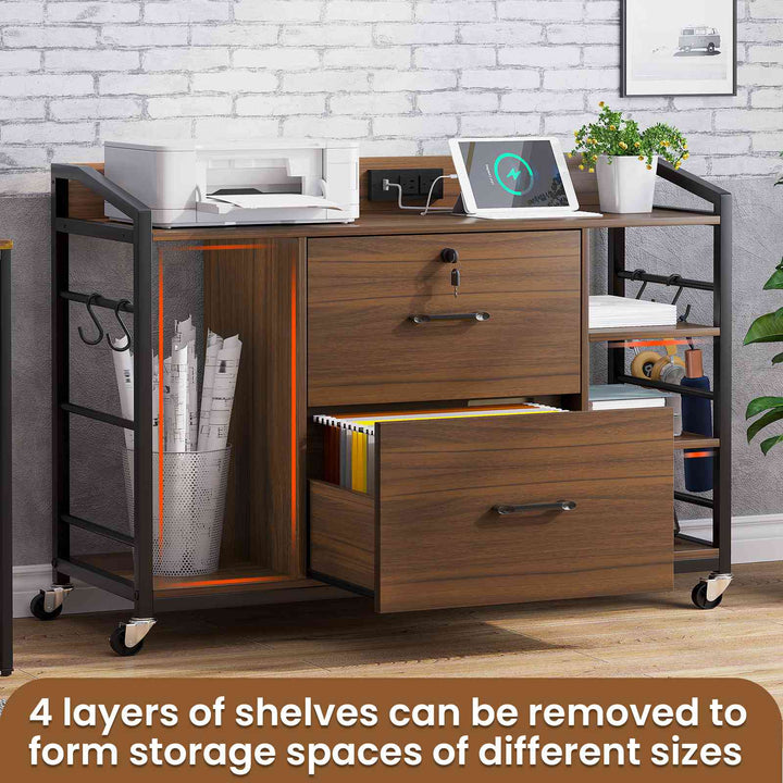 SEDETA 44 Inch 2 Drawer File Cabinet Filing Cabinet with Power Strip Lock 6 Storage Shelves