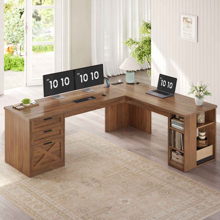 SEDETA 67 Inch Farmhouse L Shaped Executive Computer Desk with 3 Drawers Storage Shelves Power Outlets
