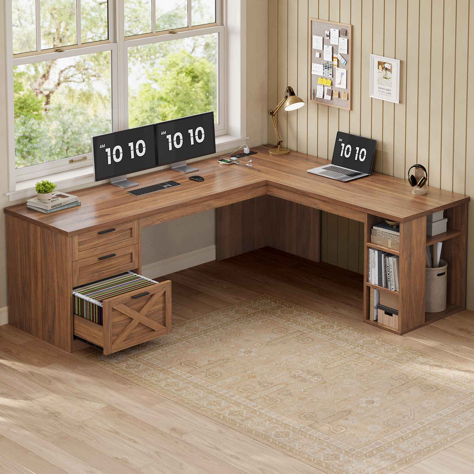 SEDETA® 67 Inch Farmhouse L Shaped Computer Desk with 3 Drawers Home O