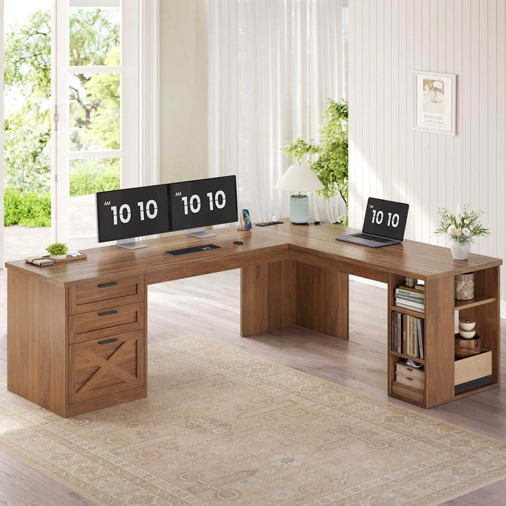 SEDETA® 67 Inch Farmhouse L Shaped Computer Desk with 3 Drawers Home Office Executive Desk with Storage Shelves and Power Outlets