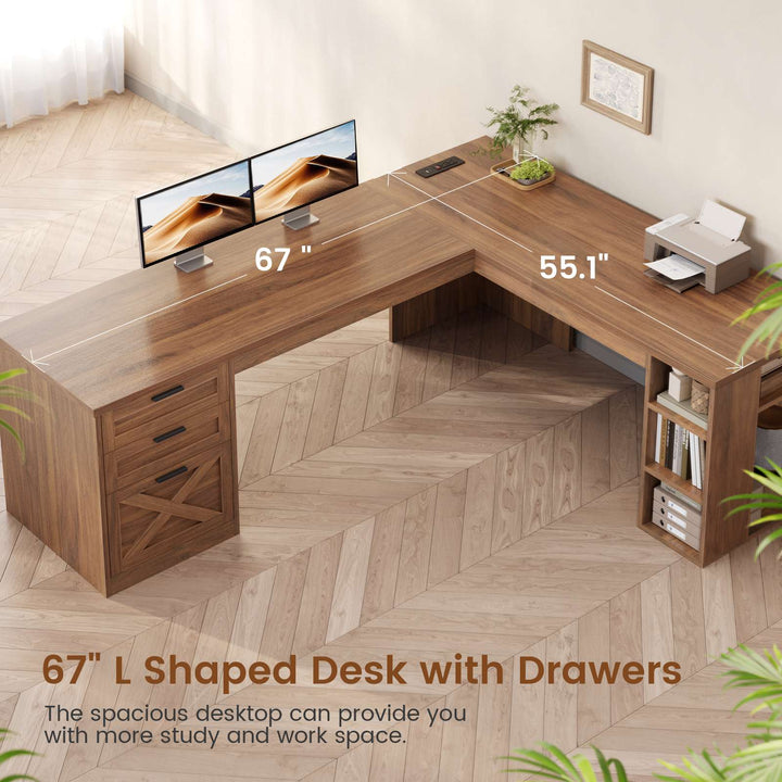 SEDETA® 67 Inch Farmhouse L Shaped Computer Desk with 3 Drawers Home Office Executive Desk with Storage Shelves and Power Outlets