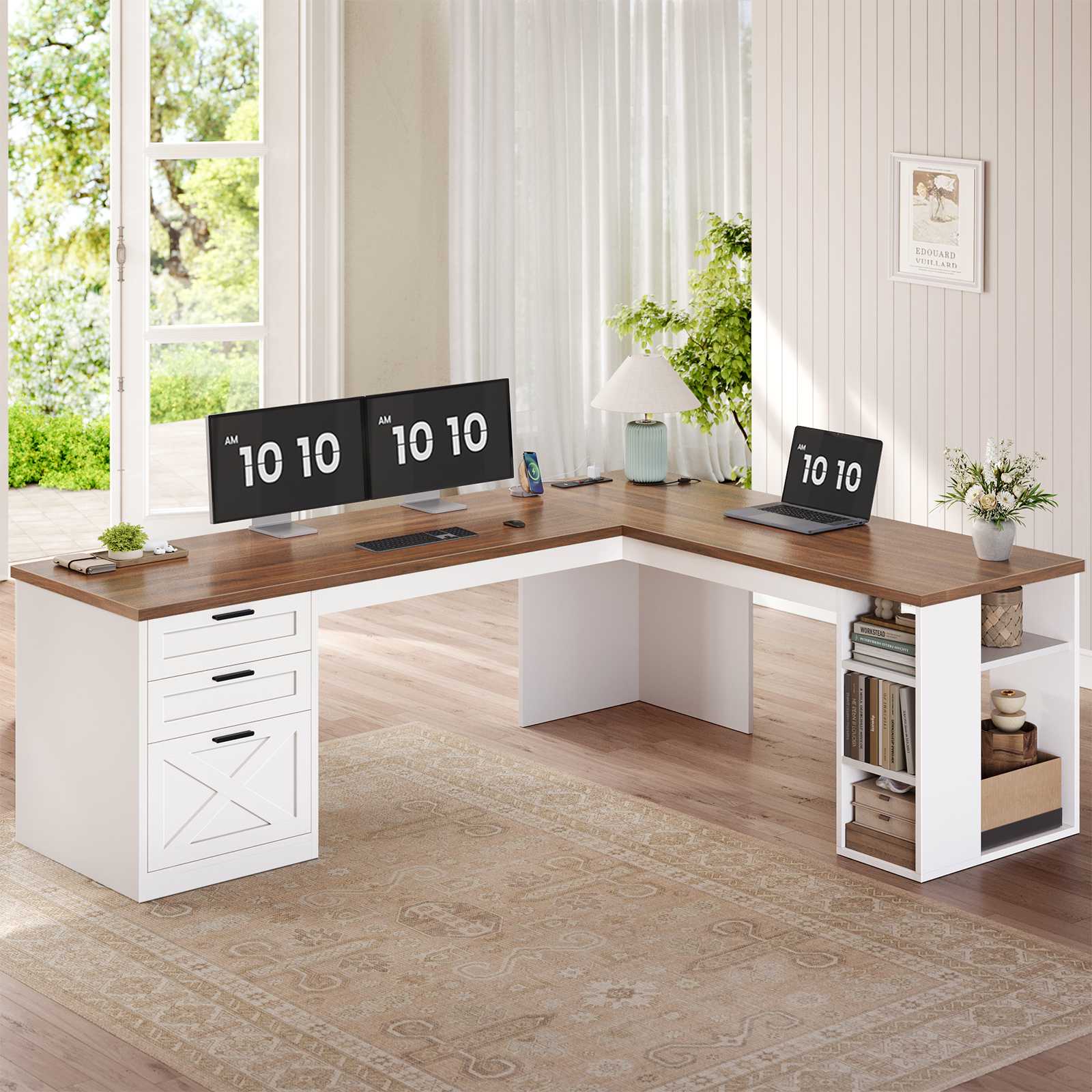 SEDETA® 67 Inch Farmhouse L Shaped Computer Desk with 3 Drawers Home O