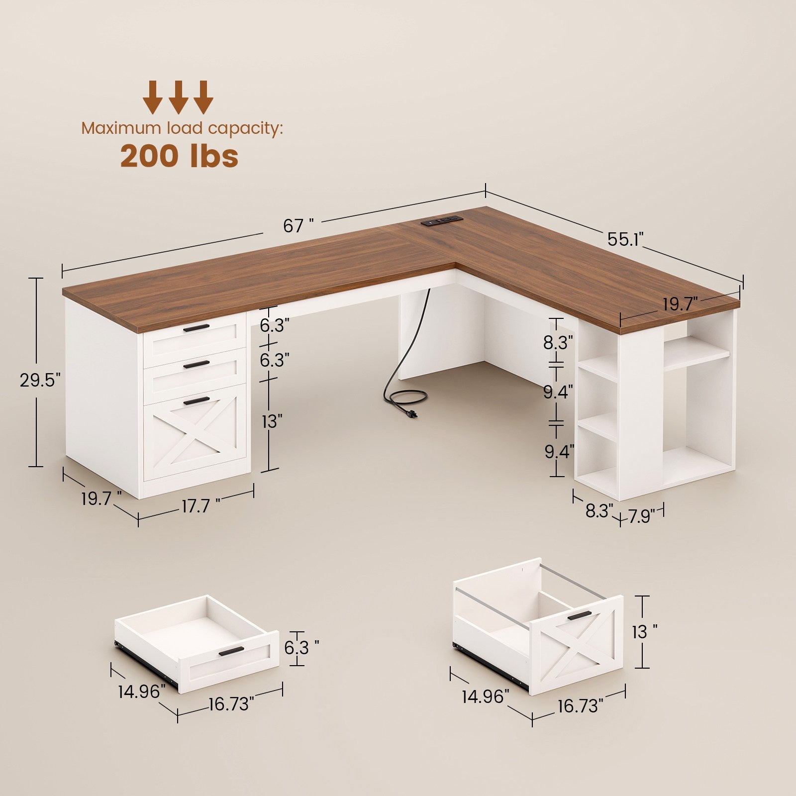 SEDETA 67 Inch Farmhouse L Shaped Executive Computer Desk with 3 Drawe