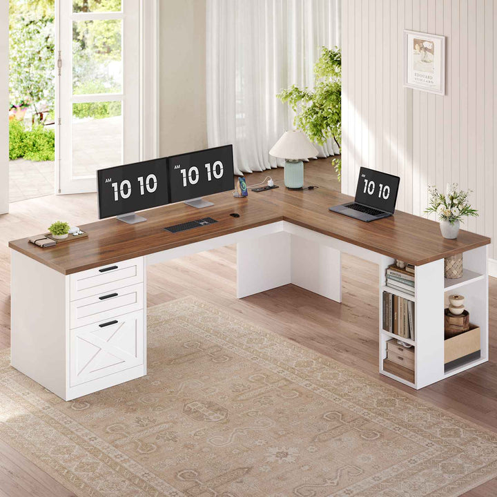 SEDETA® 67 Inch Farmhouse L Shaped Computer Desk with 3 Drawers Home Office Executive Desk with Storage Shelves and Power Outlets