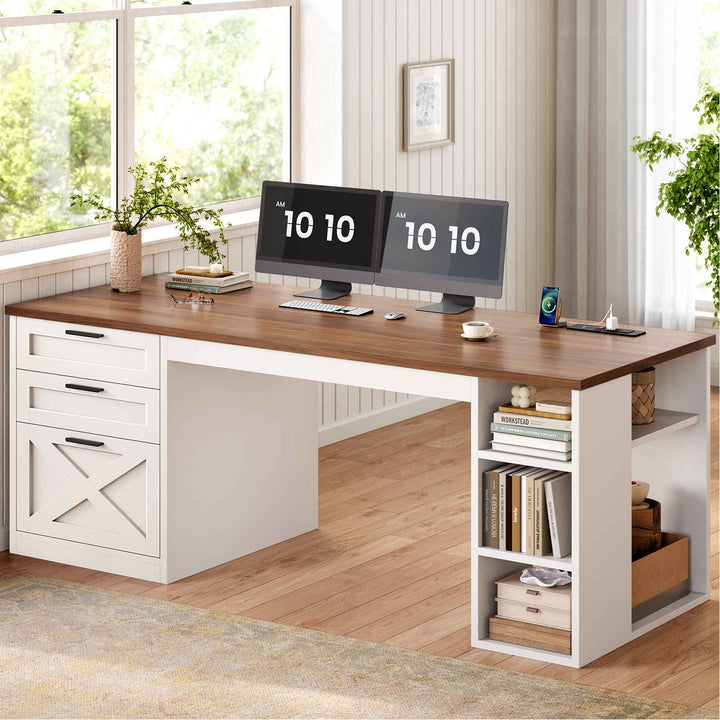 SEDETA® 55.1 Inch Executive Desk Farmhouse Computer Desk with Power Outlet 3 Drawers Storage Shelves for Home Office