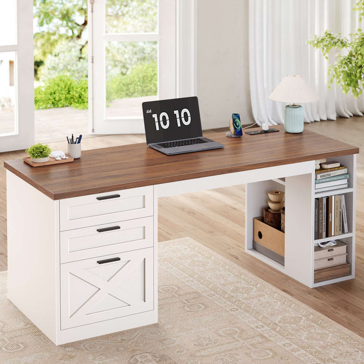 SEDETA® 55.1 Inch Executive Desk Farmhouse Computer Desk with Power Outlet 3 Drawers Storage Shelves for Home Office